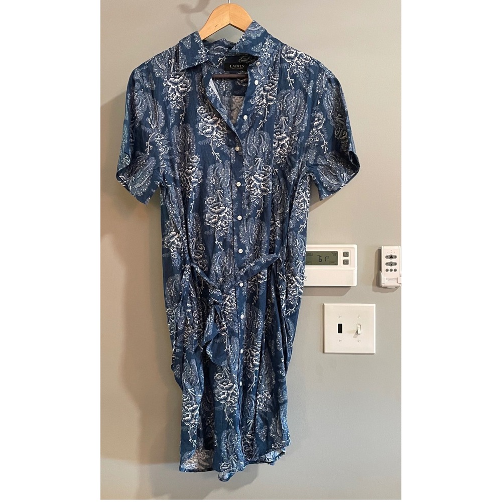 Lauren Ralph Lauren Shirt Dress Womens 8 Blue Floral Paisley Linen Belted Mini